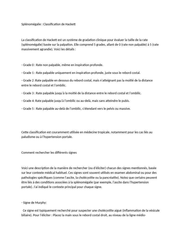 Classification de Hackett sur la splénomégalie | PDF | Vésicule ...