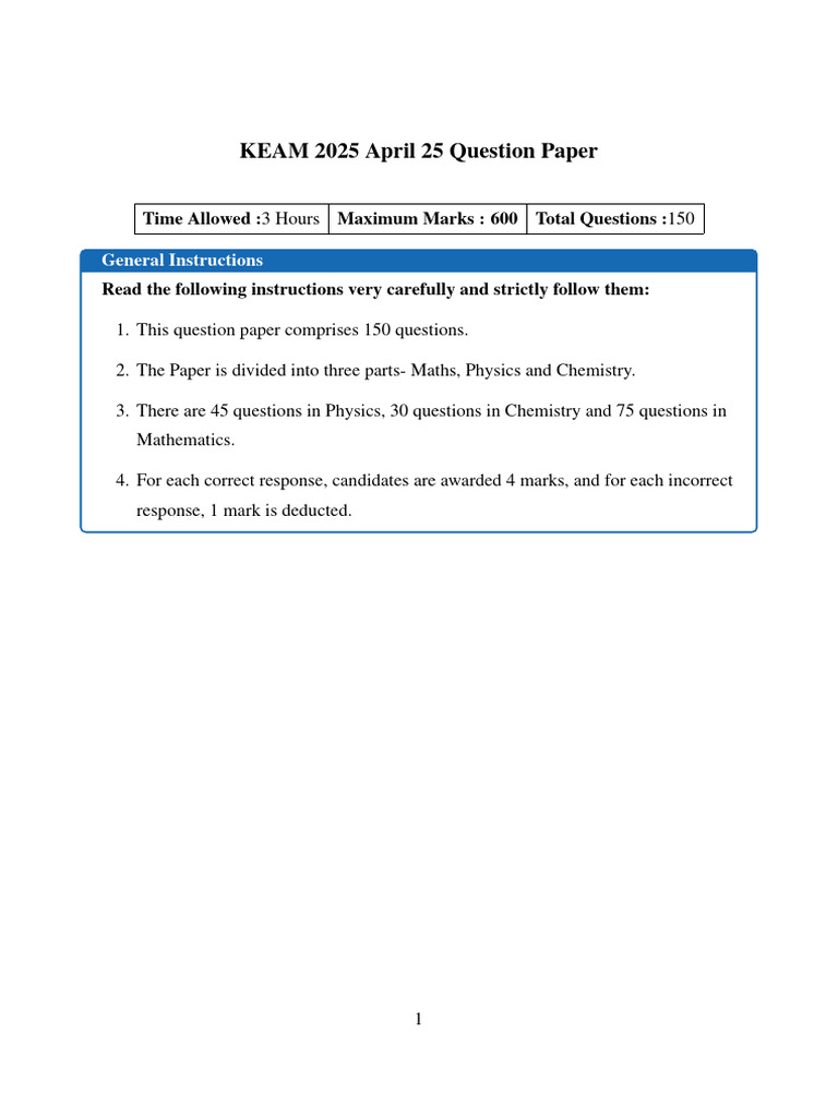 KEAM 2025 Question Paper Overview | PDF | Electromagnetic Induction ...