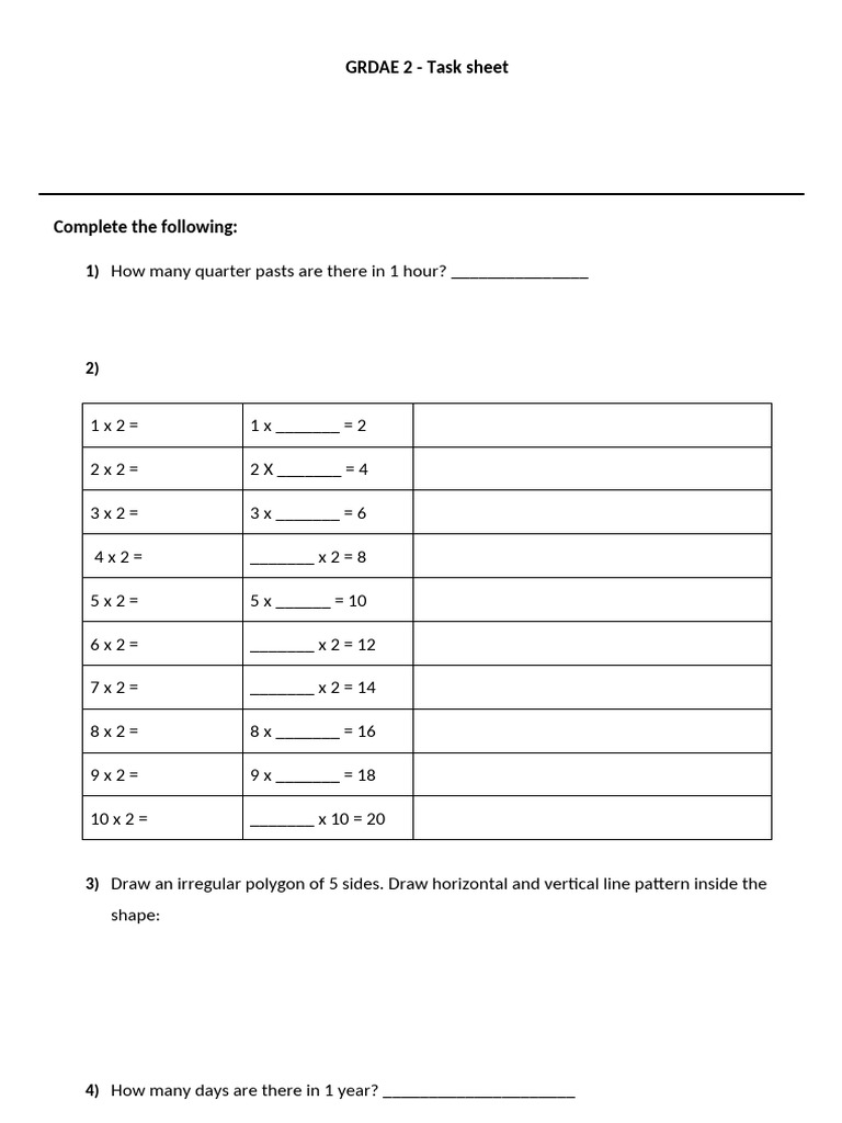 Grade 2 Maths Task Sheet | PDF