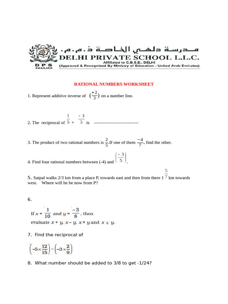 Rational Numbers Worksheet Exercises | PDF