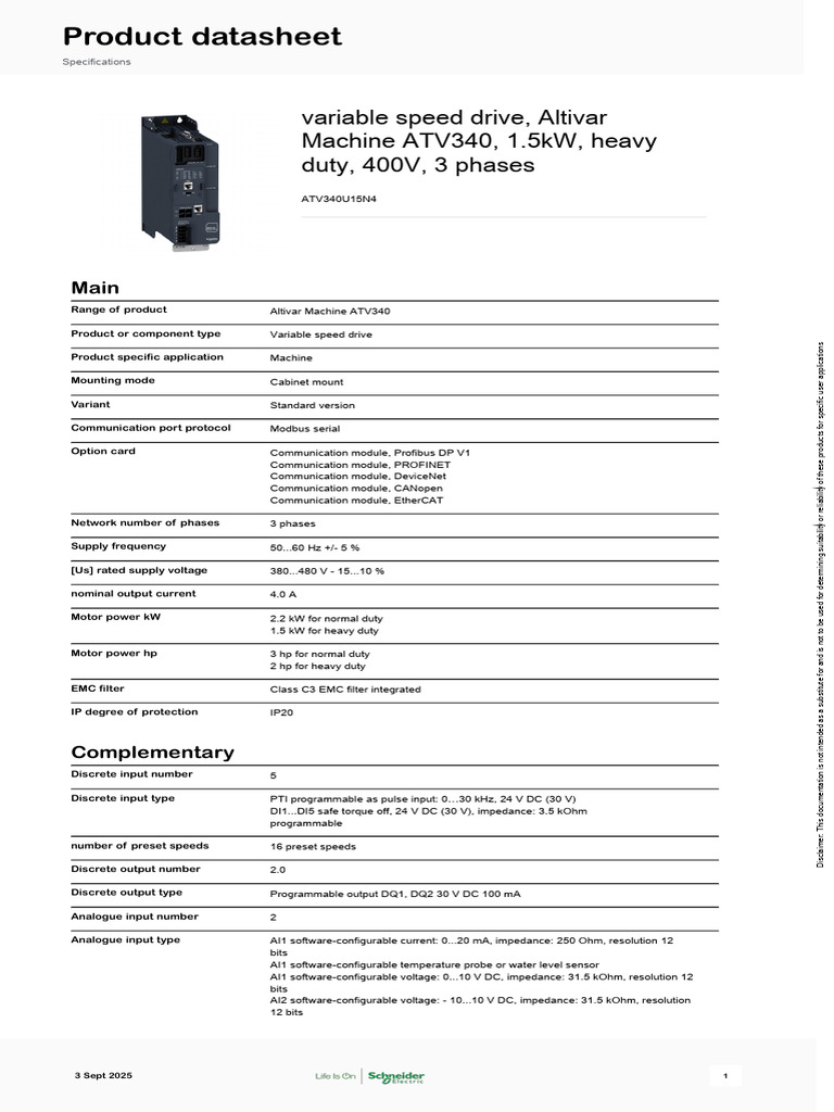 Schneider Electric Altivar-Machine-ATV340 ATV340U15N4 | PDF | Electric ...