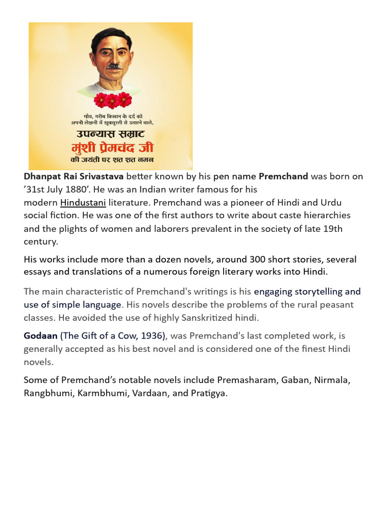 Premchand: Pioneer of Hindi Literature | PDF