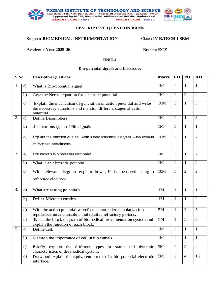 Biomedical Instrumentation Question Bank | PDF | Electroencephalography ...