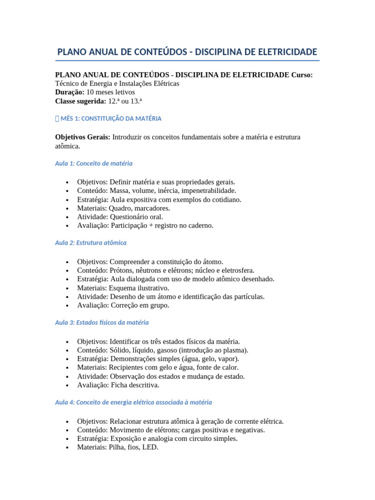Plano Anual de Conteúdos em Eletricidade | PDF | Resistor | Matéria