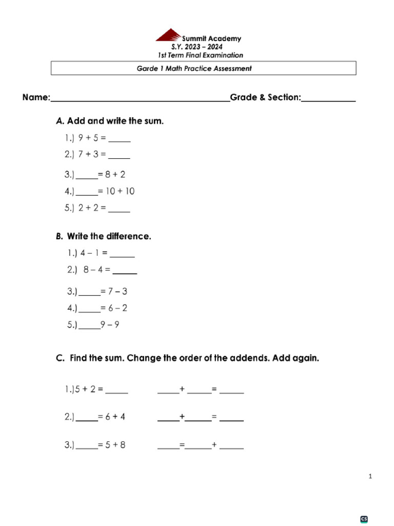 Grade 1 Final Exam Practice Assessment | PDF