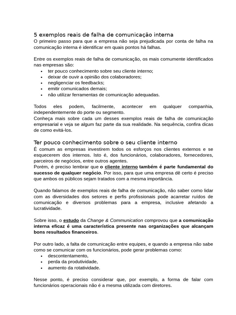 Exemplos de Falhas na Comunicação Interna | PDF | Comunicação | Comentários