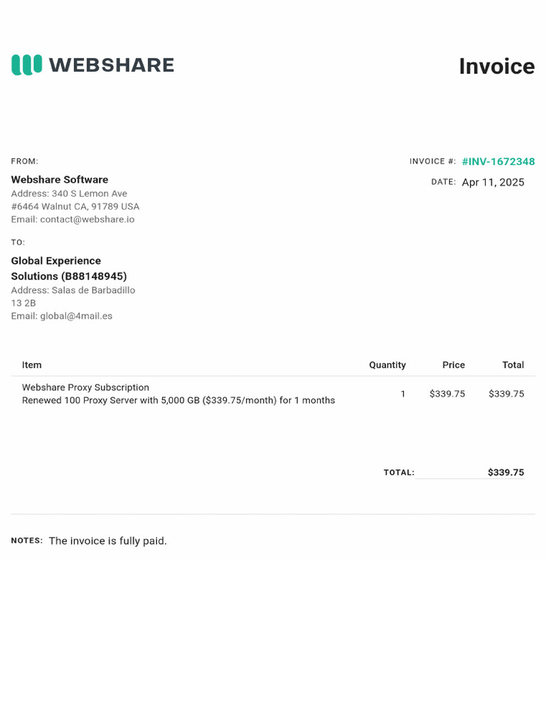 Webshare Invoice 1672348 | PDF