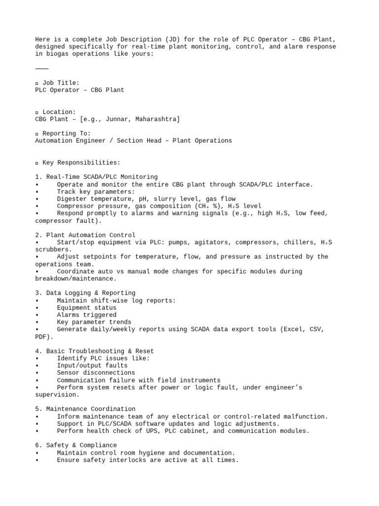 PLC Operator Job Description – CBG Plant | PDF | Programmable Logic ...
