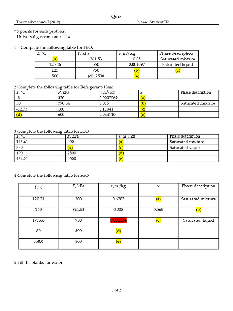 Thermodynamics I Quiz: Phase Tables and Calculations | PDF | Phase ...