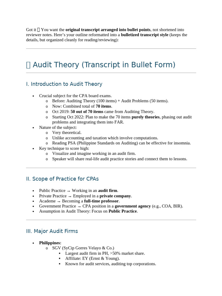 Bulletized Audit Theory Transcript | PDF | Audit | Cost Of Living