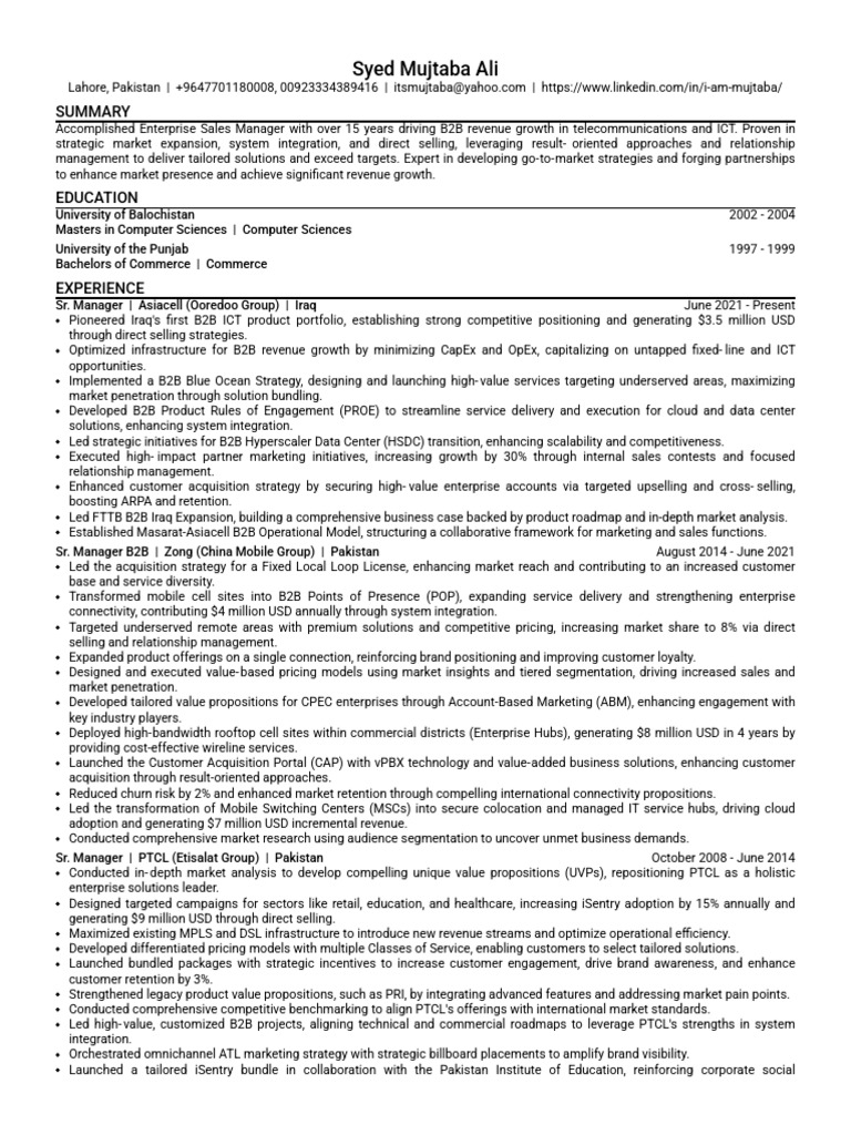 Enterprise Sales Manager Profile | PDF | Marketing | Cloud Computing