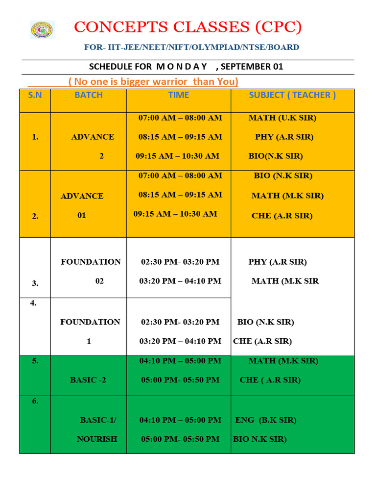 CPC Class Schedule for September 1 | PDF