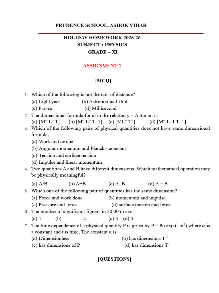 Physics Holiday Homework Grade XI | PDF | Acceleration | Speed