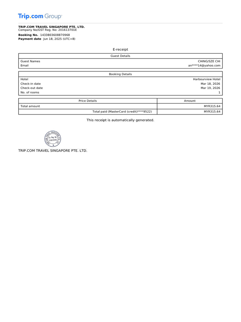 Trip.com Hotel Booking Receipt | PDF
