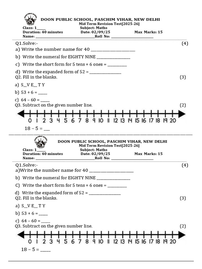 Class 1 Maths Mid Term Revision Test | PDF