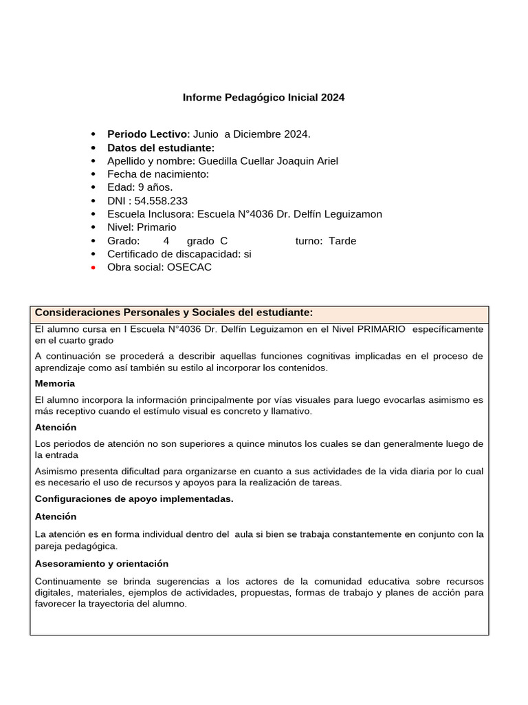 Informe Pedagógico Estudiante 2024 | PDF | Educación primaria | Aprendizaje
