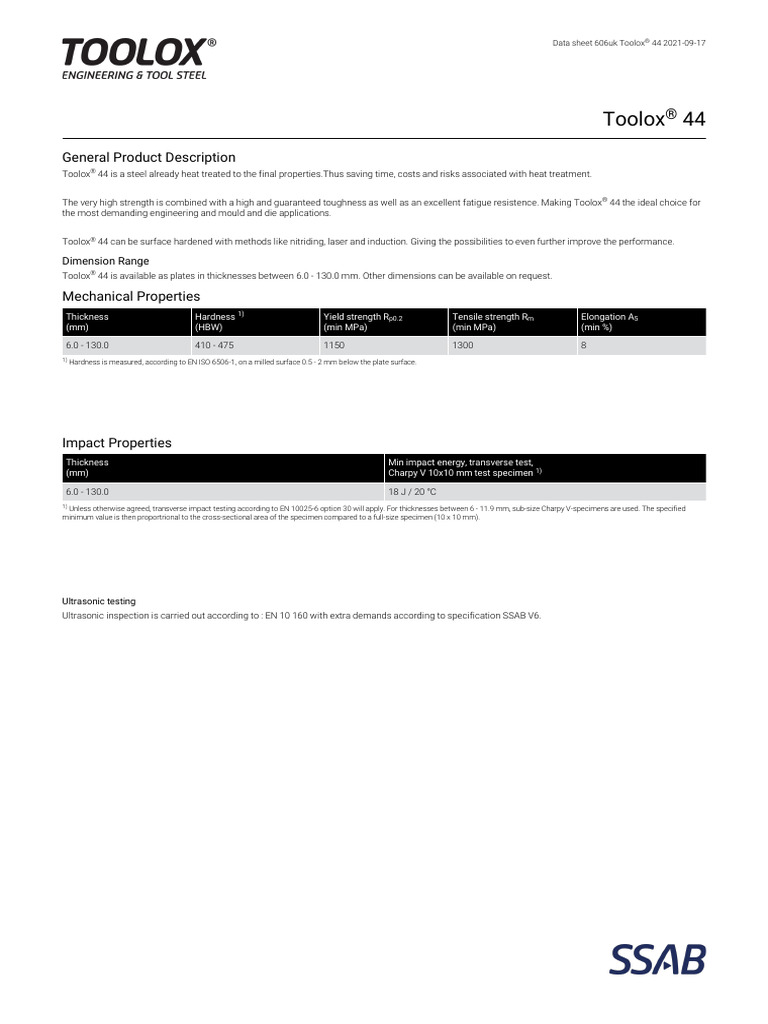 Toolox 44 - Data - Sheet - SSAB | PDF | Heat Treating | Welding