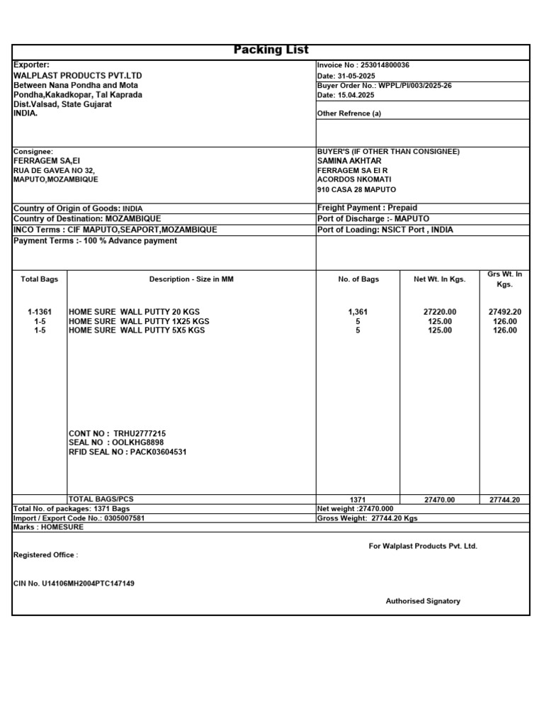 Invoice for Wall Putty Export to Mozambique | PDF | Supply Chain ...