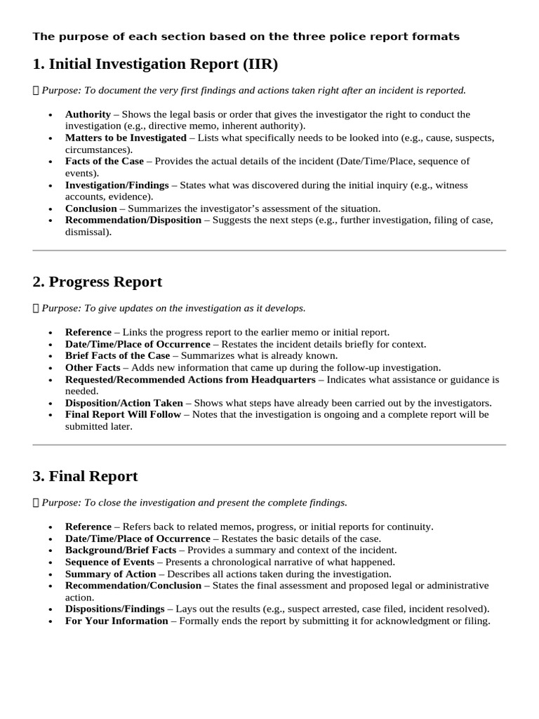 Police Report Format Purposes Explained | PDF | Justice | Crime & Violence
