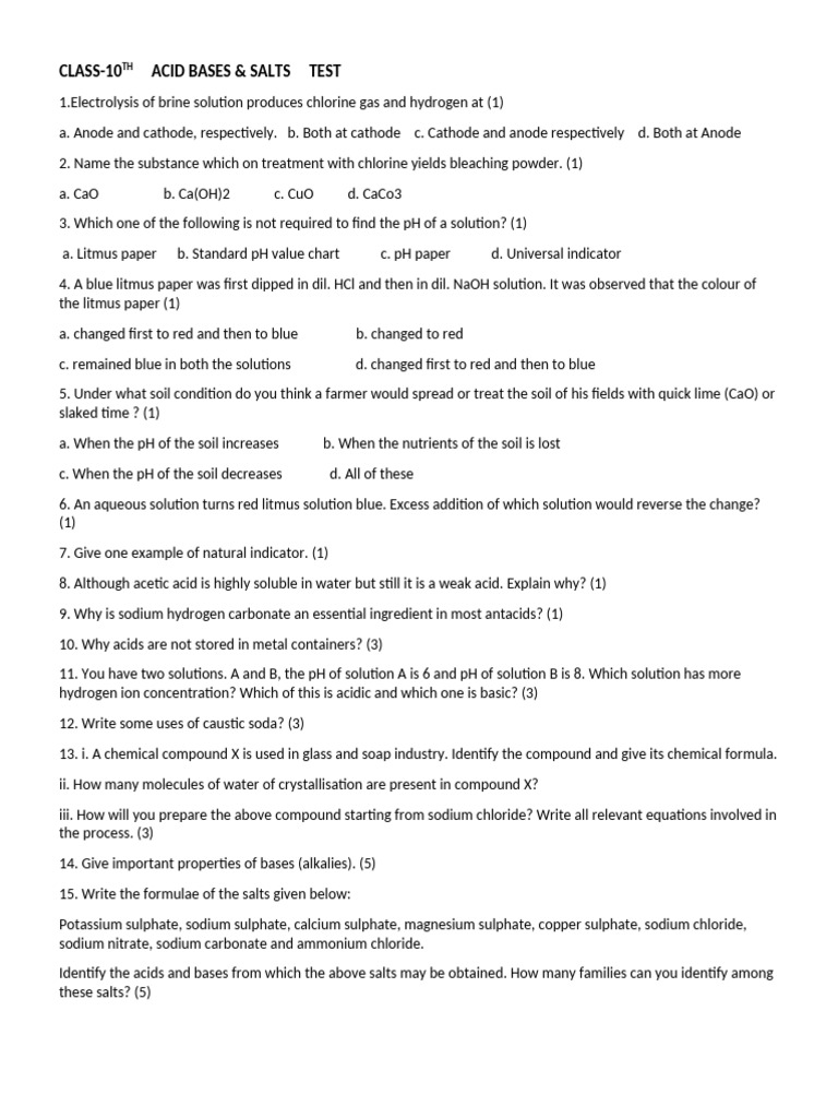 Class 10 Acid-Base Test Paper | PDF | Sodium Carbonate | Salt (Chemistry)
