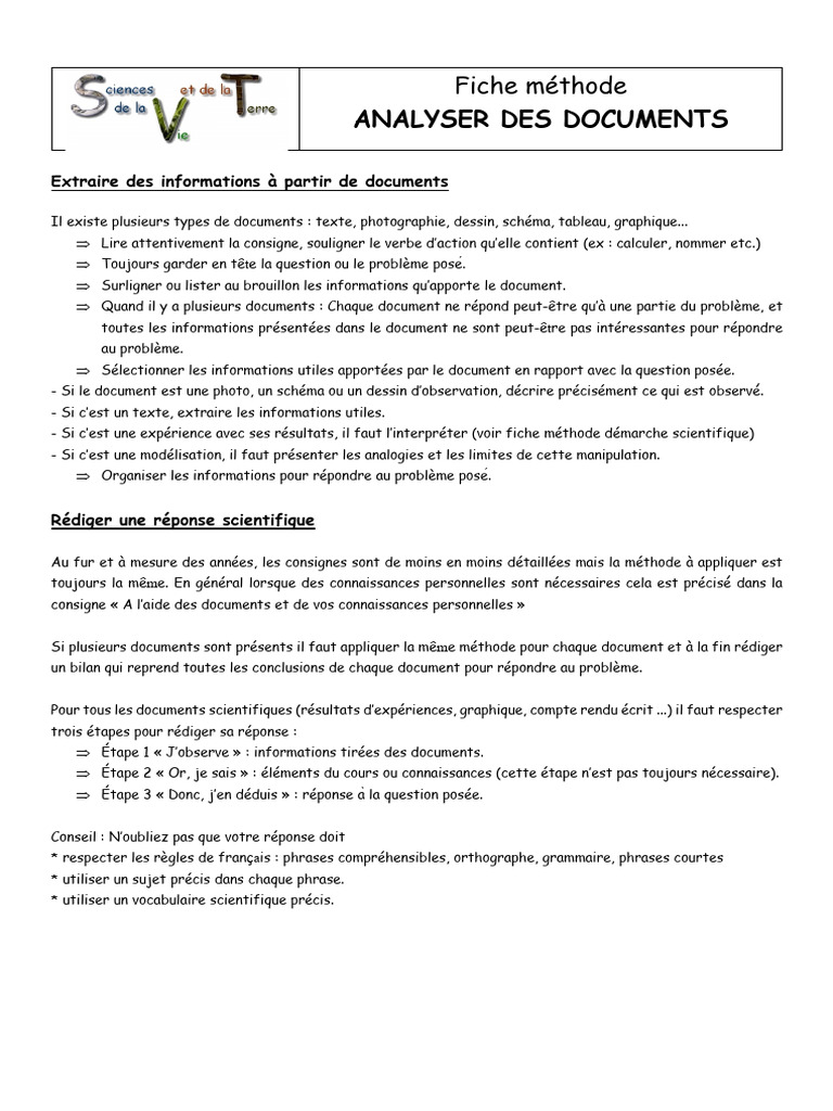 Méthode d'analyse de documents en SVT | PDF | Phrase | Méthode scientifique
