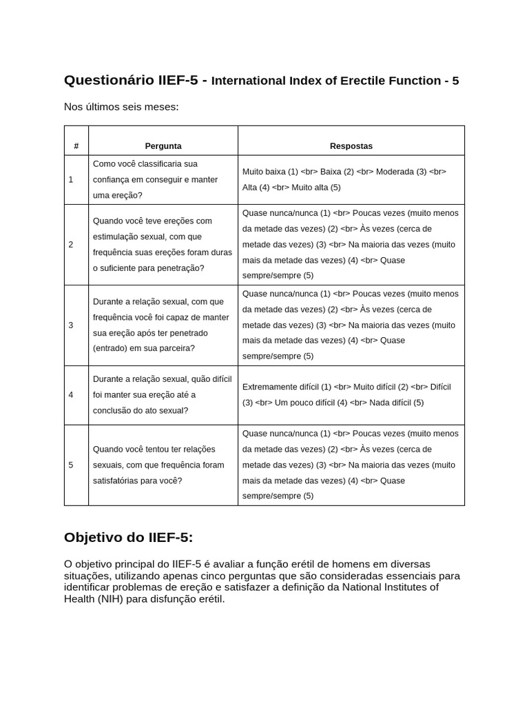 Avaliação da Função Erétil IIEF-5 | PDF | Disfunção erétil | Relação sexual
