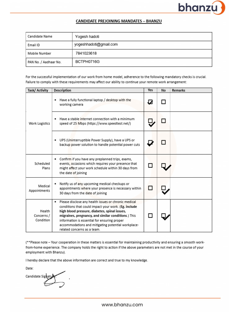 Candidate Prejoining Requirements Checklist | PDF