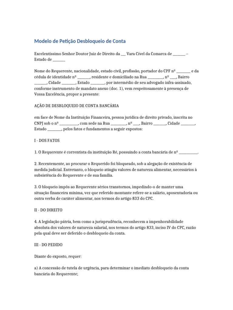 Modelo de Petição para Desbloqueio de Conta | PDF