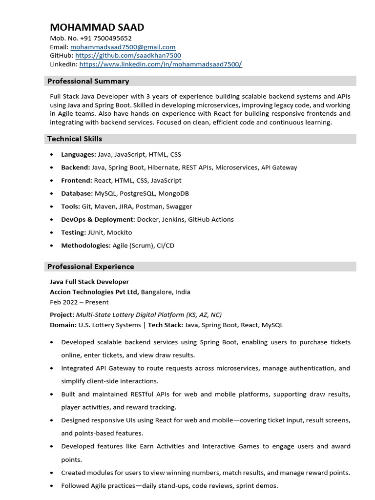 Full Stack Java Developer Resume | PDF | Computing | Computer Science