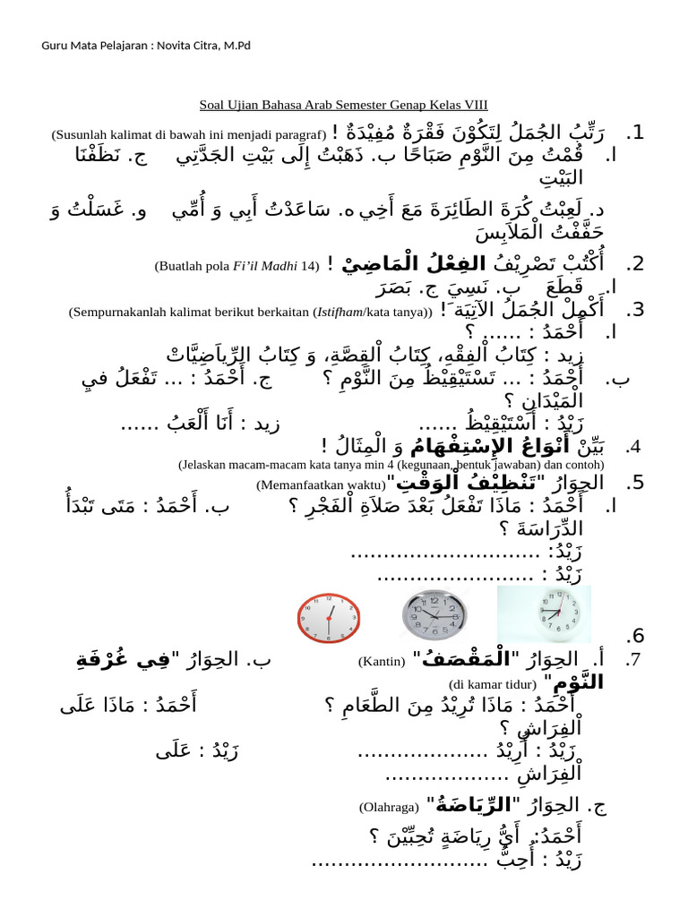 Soal Ujian Bahasa Arab Semester Genap Kelas VIII | PDF