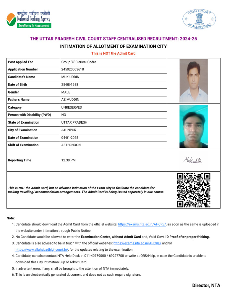 UP Civil Court Exam City Intimation 2024 | PDF