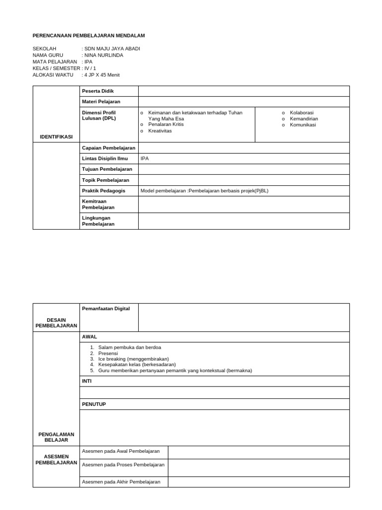 Format RPP PM Nina | PDF