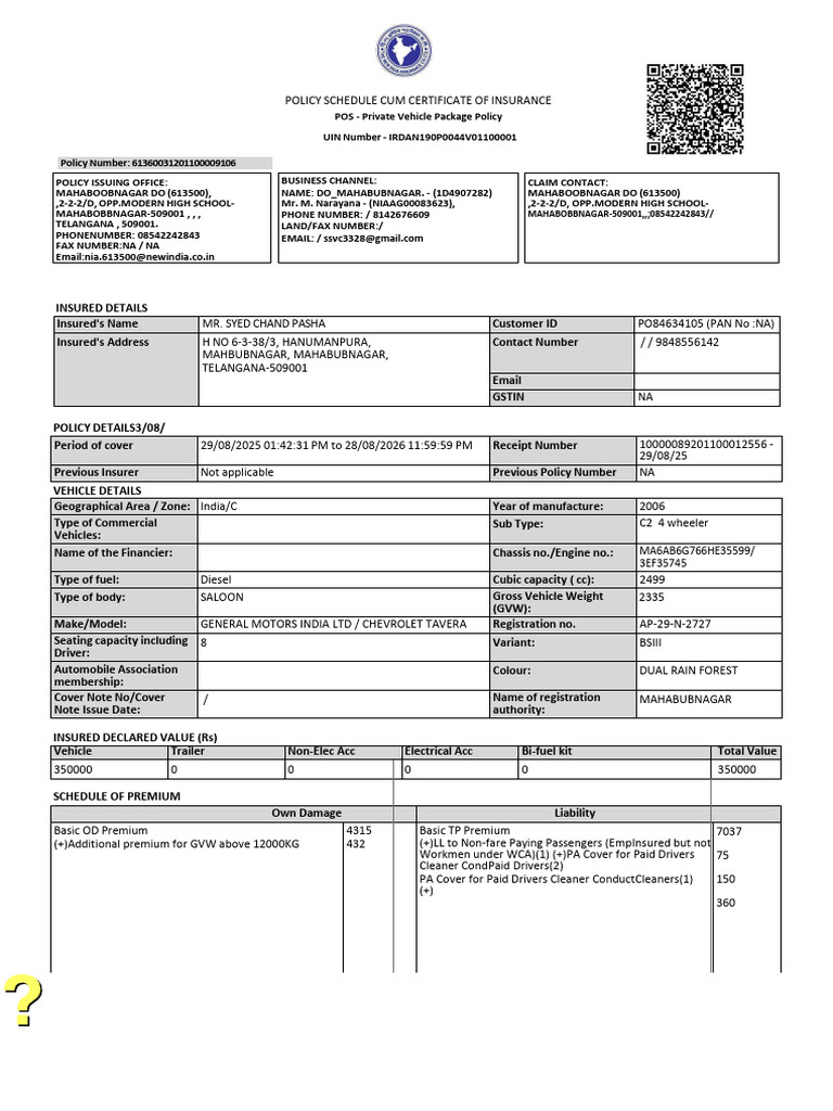 The New India Assurance Co LTD Ic Policy | PDF