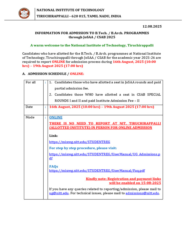 NIT Trichy B.Tech/B.Arch Admission 2025 | PDF | Payments