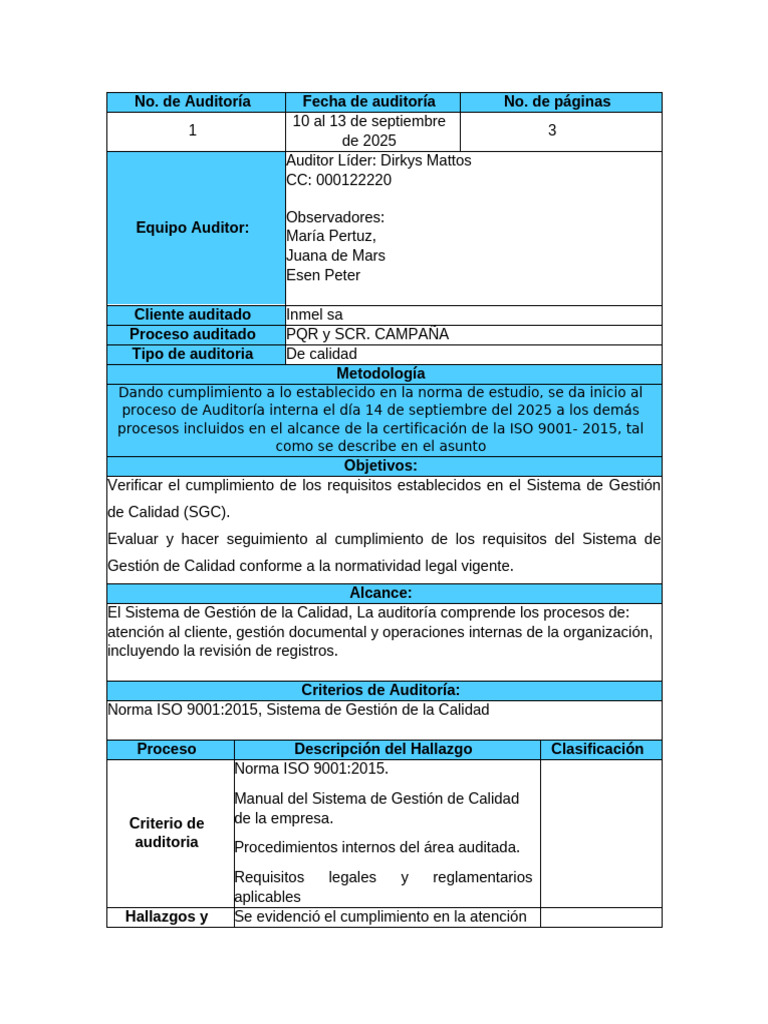 Auditoría Interna ISO 9001:2015 Inmel SA | PDF | Sistema de manejo de ...