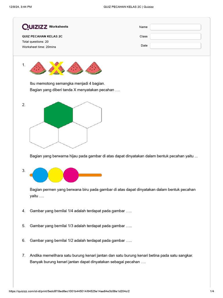 Quiz Pecahan Kelas 2c | PDF