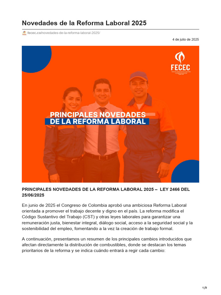 Novedades Reforma Laboral Colombia 2025 | PDF | Derecho laboral ...