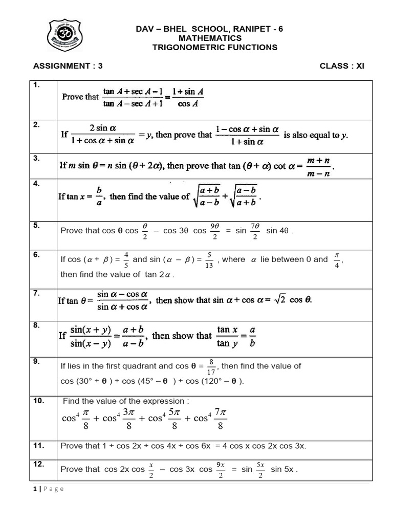 Trigonometric Functions Assignment XI | PDF | Trigonometric Functions ...