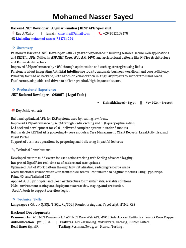 .NET Backend Developer Resume | PDF | Microsoft Sql Server | Language ...