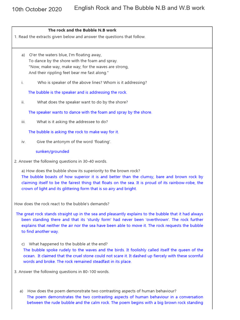 English Rock and The Bubble N.B and W.B Work - Standard 6 | PDF ...