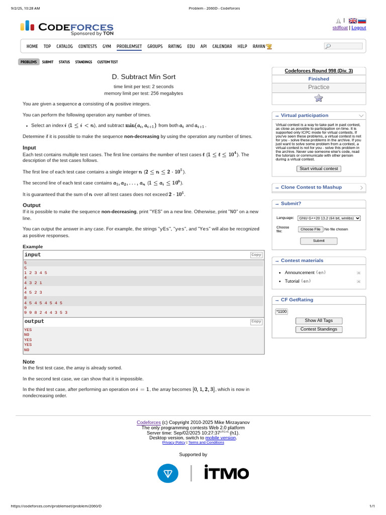 Codeforces Problem 2060D: Subtract Min Sort | PDF | Computer ...