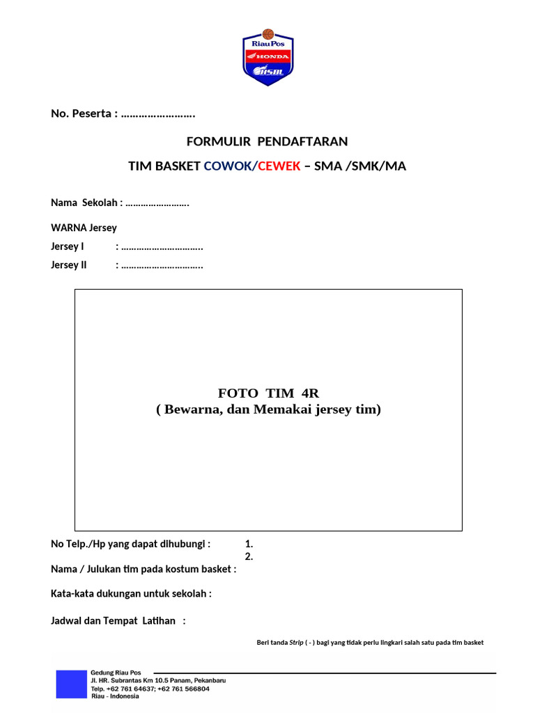 Formulir Pendaftaran Tim Basket SMA | PDF