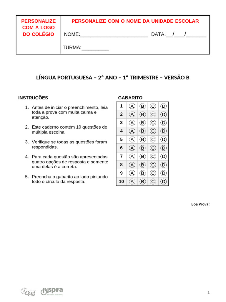 Prova de Língua Portuguesa - 2º Ano | PDF
