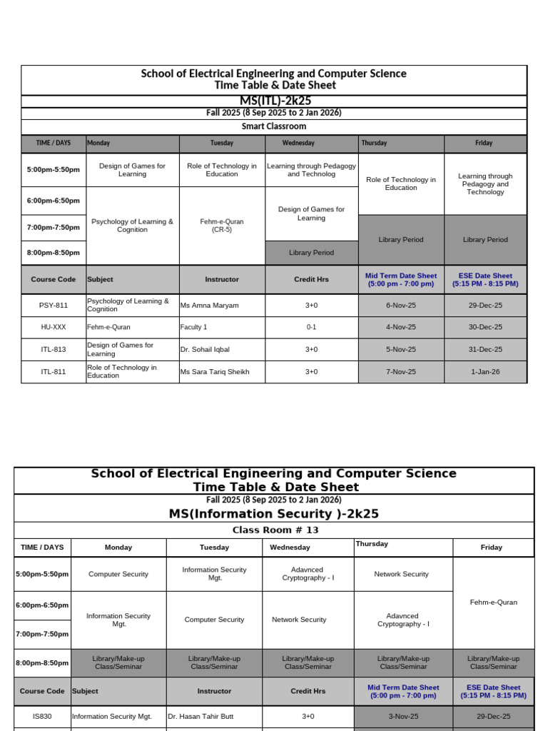PG Time Table - Fall 2025 | PDF | Artificial Intelligence ...