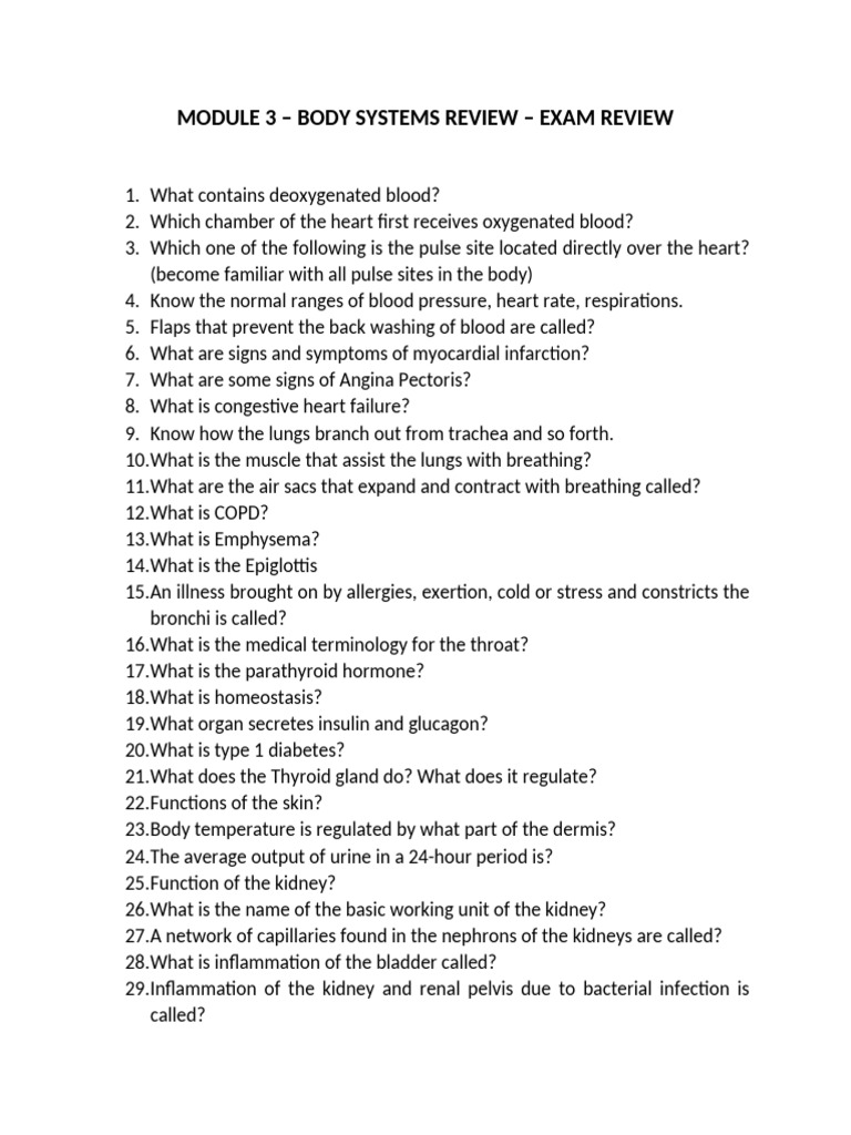 Body Systems Exam Review Questions | PDF | Kidney | Lung