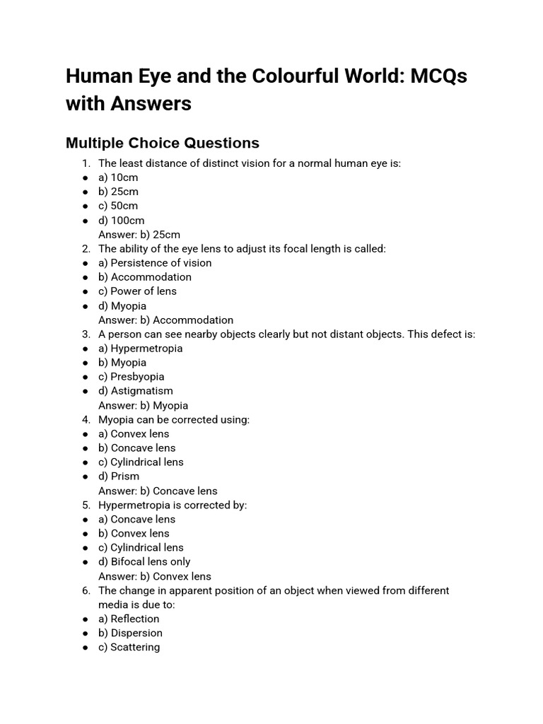 MCQs on Human Eye and Colors | PDF | Myopia | Eye