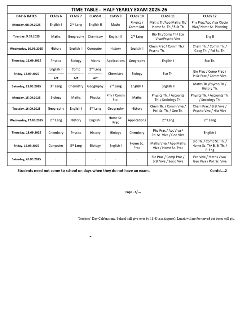 Half Yearly Exam Timetable 2025-26 | PDF | Science