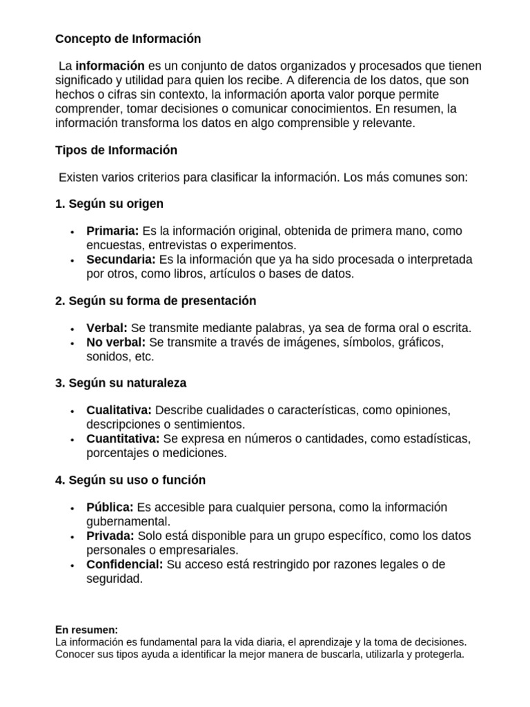 Tipos y Concepto de Información | PDF
