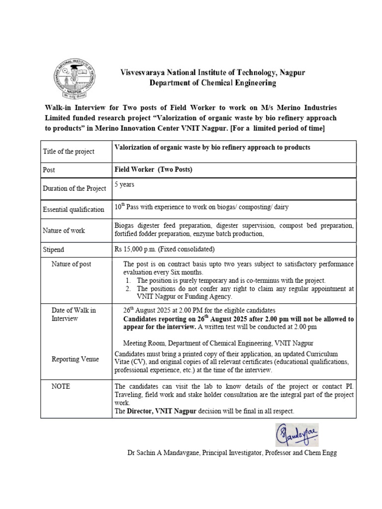 Walk-in Interview for Field Worker Posts | PDF