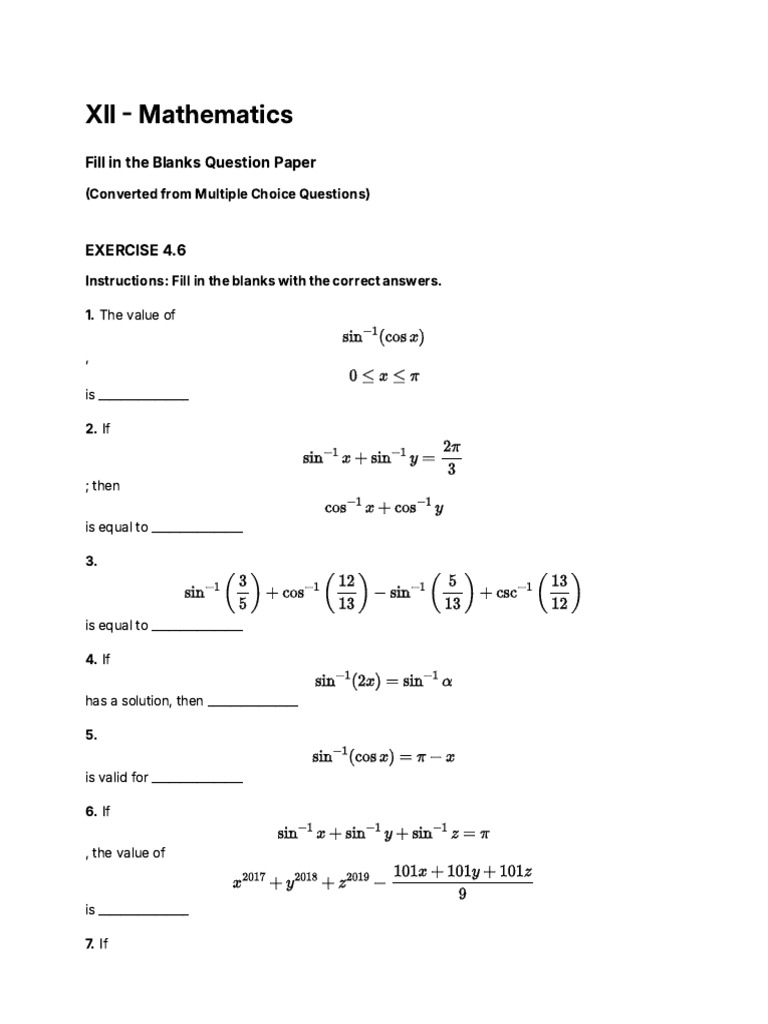 Mathematics Fill-in-the-Blank Exercises | PDF | Circle | Euclidean Geometry